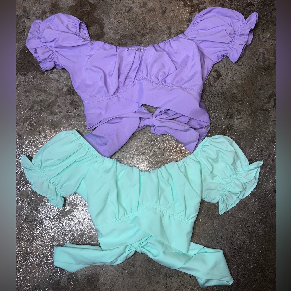2 Piece Short Sleeve Scoop Neck Ruffle Bow Tie Back Crop Top